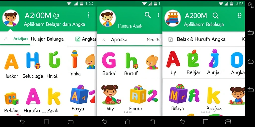 Tampilan antarmuka A200M yang interaktif untuk belajar huruf dan angka.